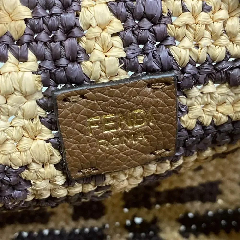 Fendi Roll Mini, Zucca Pattern Handbag 8BS096 Beige Dark Brown Straw Leather